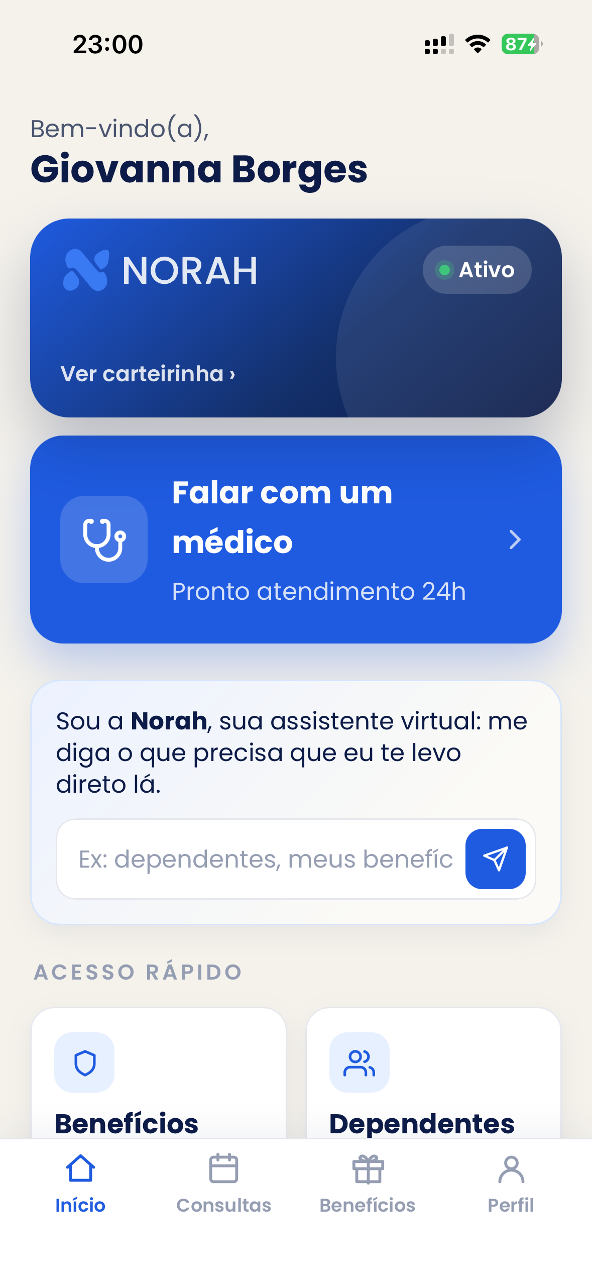 Tela inicial do app da Norah no celular