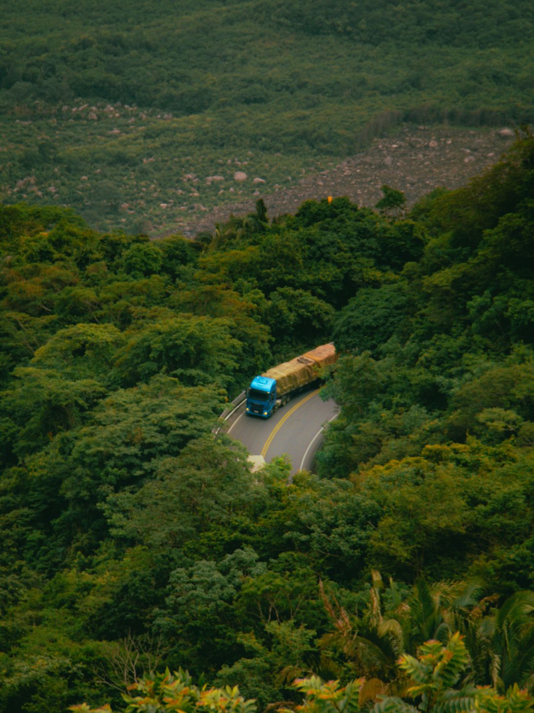 Caminhão subindo uma curva de serra em estrada cercada de mata